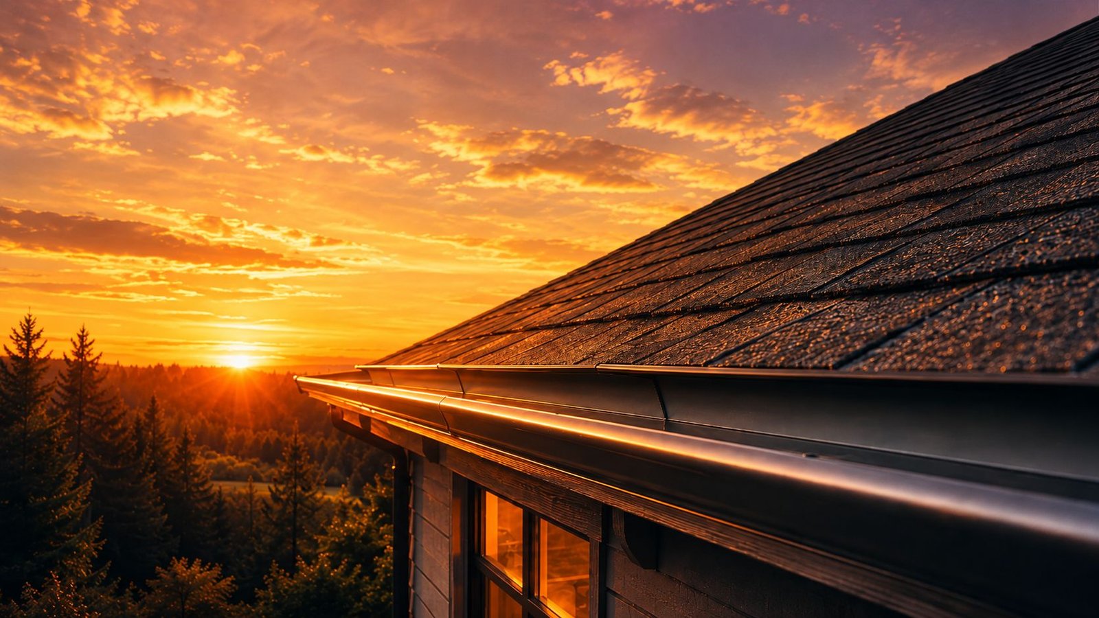 Roof shingles and gutter catching the last light